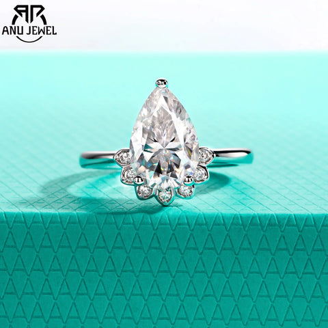 AnuJewel 4ct Pear Cut D Color Moissanite Engagement Rings 18K Gold Plated Classic Crown Wedding Ring Women Jewelry