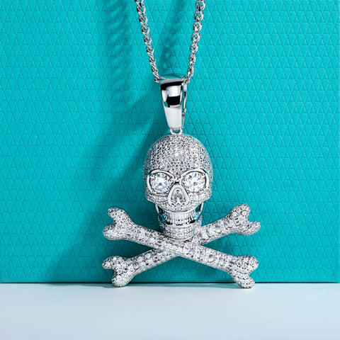 AnuJewel Moissanite Skull Pendant Hip Hop Necklace 925 Sterling Silver Chain 60 Cm Motorcycle Style Mysterious Halloween Jewelry