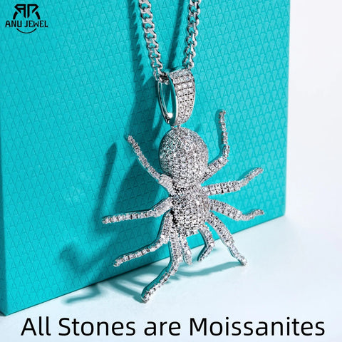 AnuJewel Moissanite Spider Necklace 925 Sterling Silver Cool Pendant 60cm Layered Heavy Metal New Age Hip Hop Jewelry for Men
