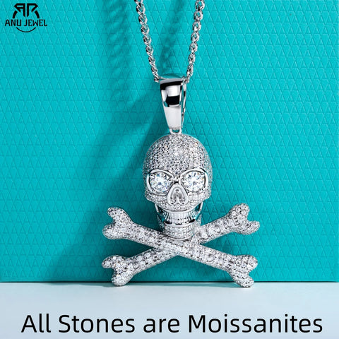 AnuJewel Moissanite Skull Pendant Hip Hop Necklace 925 Sterling Silver Chain 60 Cm Motorcycle Style Mysterious Halloween Jewelry
