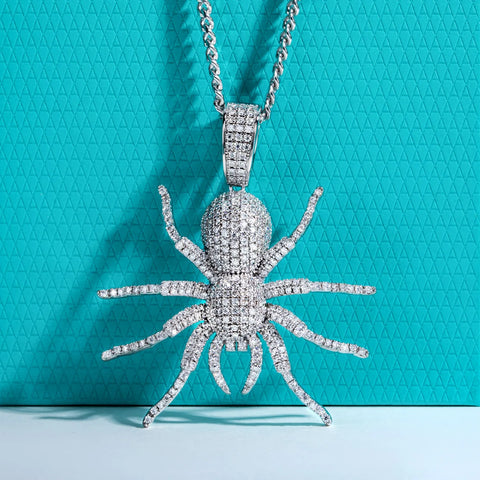 AnuJewel Moissanite Spider Necklace 925 Sterling Silver Cool Pendant 60cm Layered Heavy Metal New Age Hip Hop Jewelry for Men