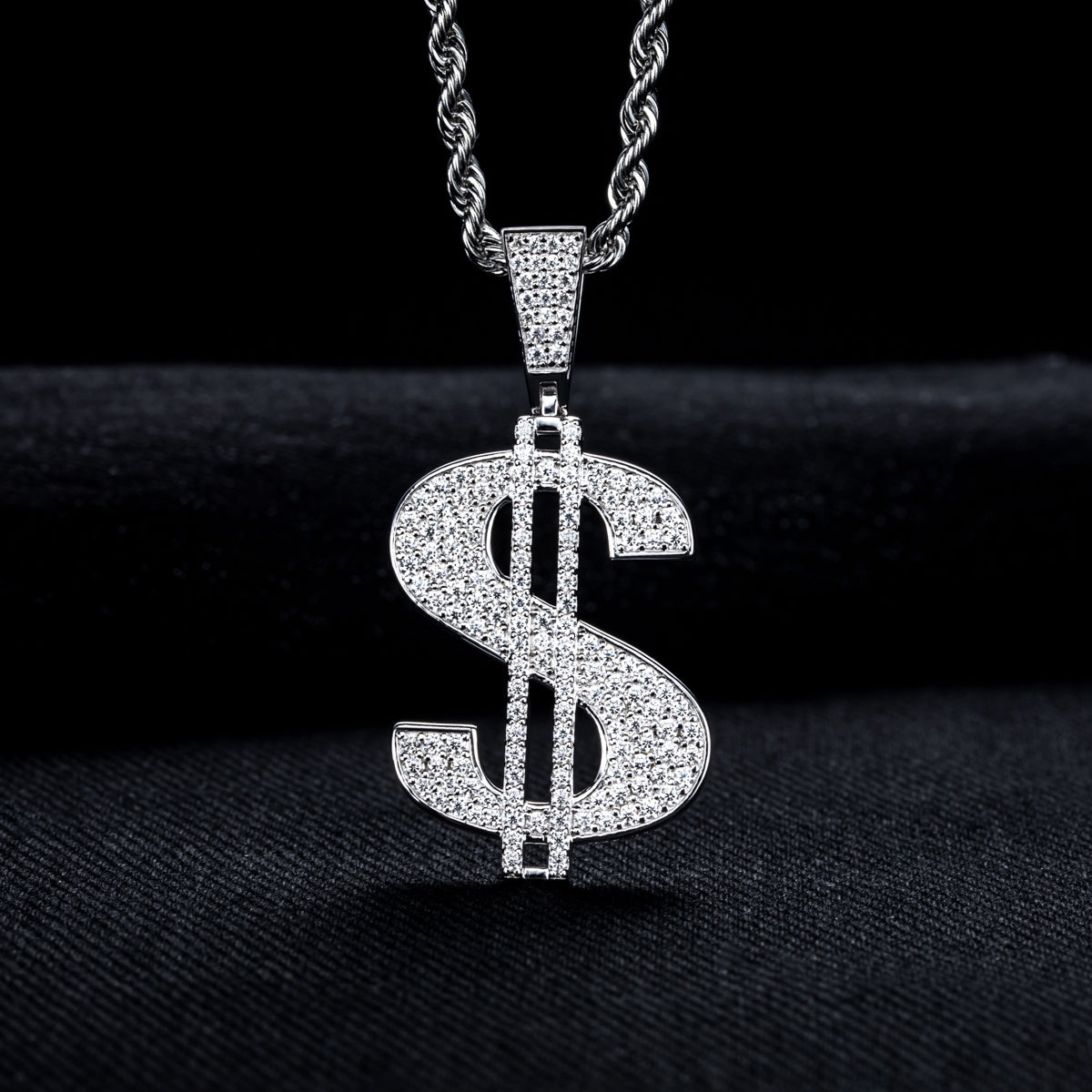 Fully‑Paved Moissanite Dollar Symbol Pendant | S925 Silver