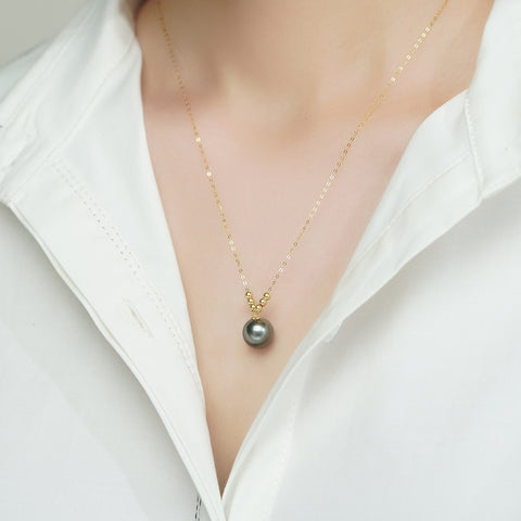 AnuClub 18K Gold Tahitian Black Pearl Necklace (10-11mm)