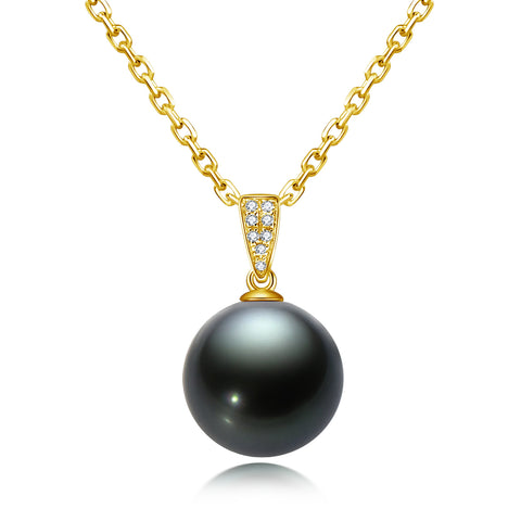 AnuClub 18K Gold Tahitian Black Pearl Necklace (10-11mm)